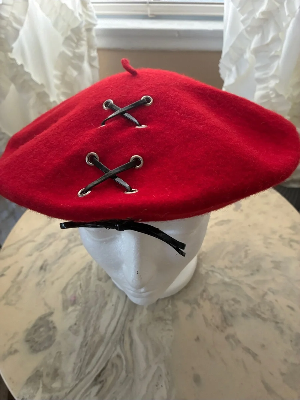 Nordstrom 100% Wool Beret Italy corset-style lace-up accent ribbon tie front